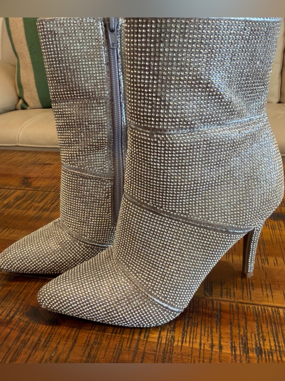 Silver Rhinestone Pointed-Toe Stiletto Ankle Boots